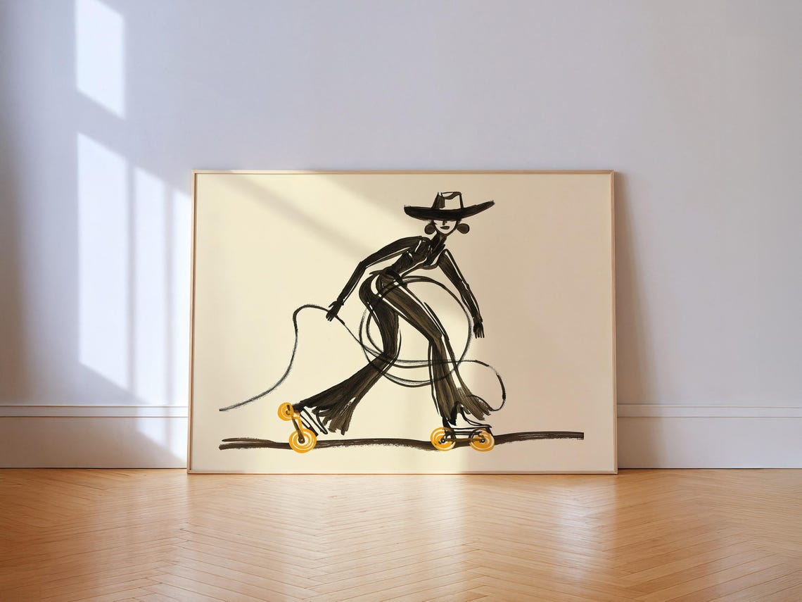 Roller Skating Cowgirl Modern Western Black Ink Line Art Poster