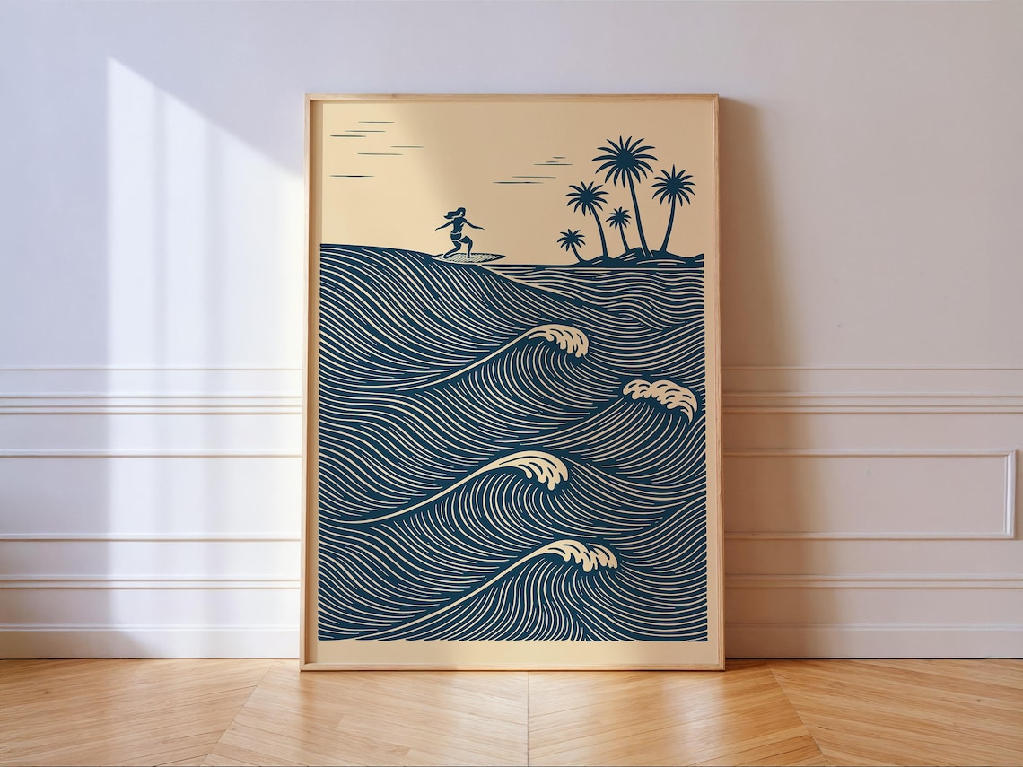 Tropical Surfer Waves Poster, Navy Linocut Ocean