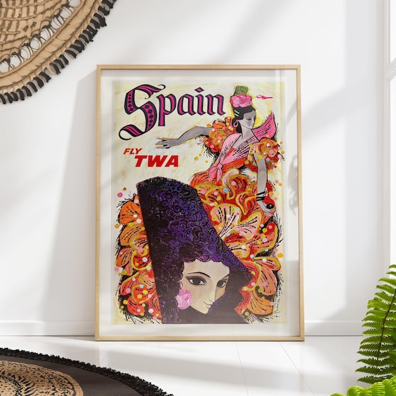 Spain Fly TWA Vintage Airline Flamenco Dancer Midcentury Travel Poster