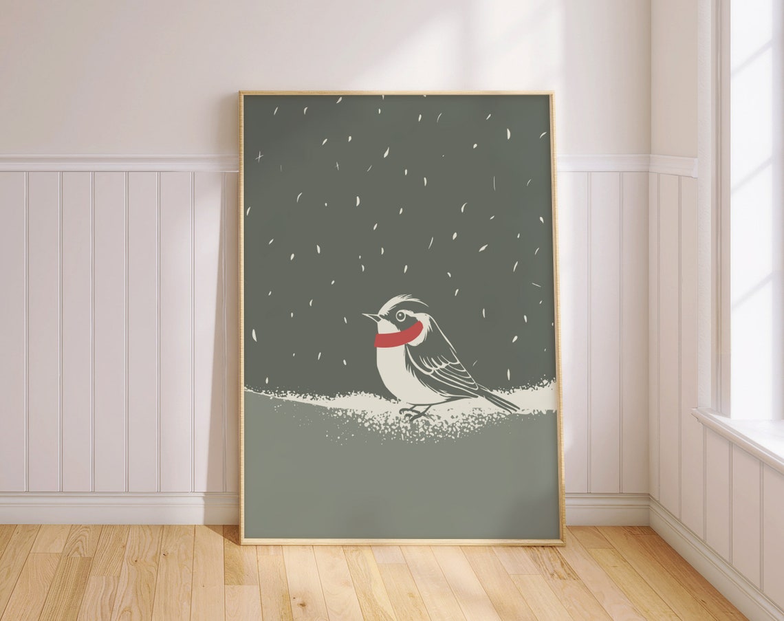 Winter Sparrow Bird with Red Scarf in Falling Snow Minimal Poster