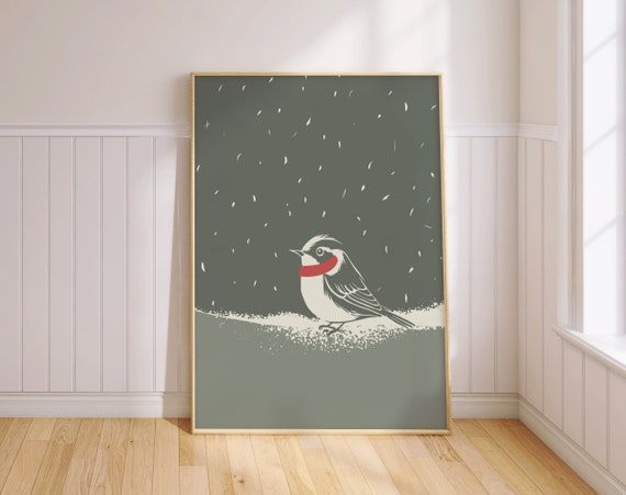 Winter Sparrow Print Minimalist Snowy Bird Art