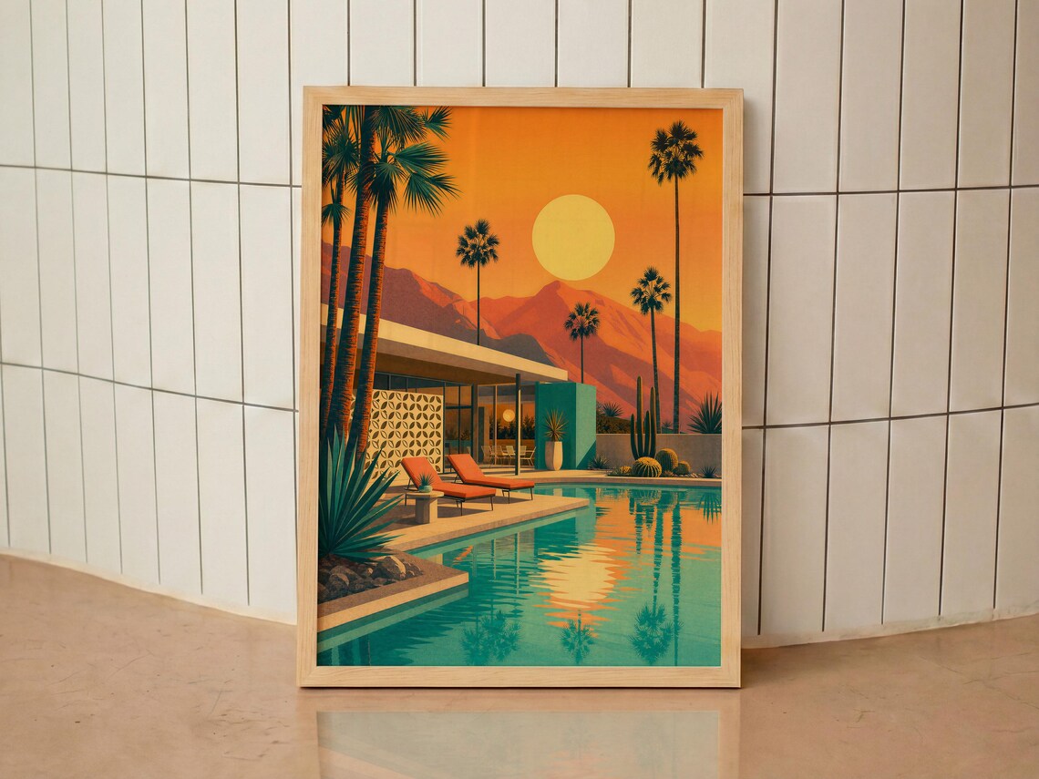 Palm Springs Pool House At Sunset Retro Mid Century Desert Travel Poster