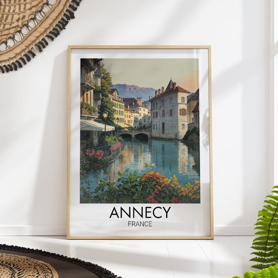 Annecy France Scenic Sunlit Canal With Alps Vintage Travel Poster