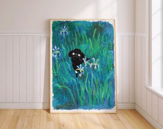 Black Poodle in Impressionist Iris Garden Colorful Dog Art Poster
