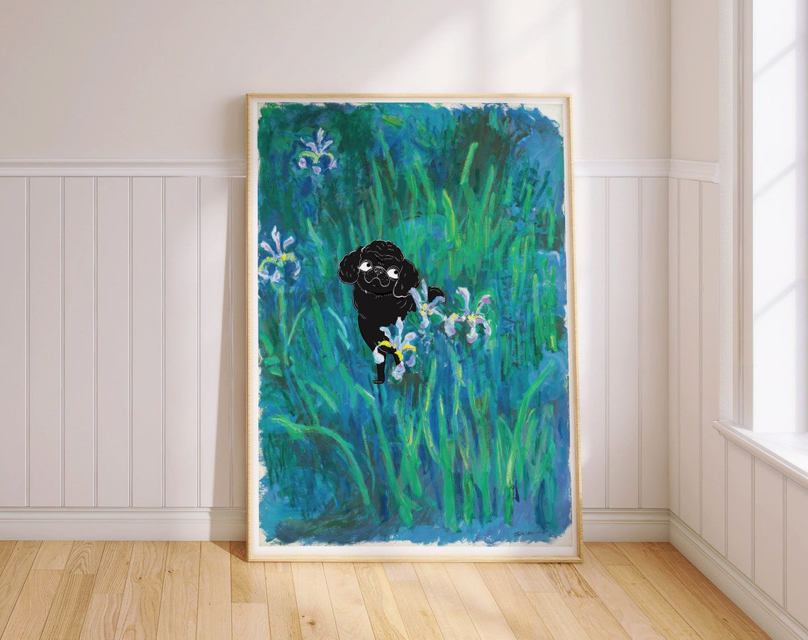 Black Poodle in Impressionist Iris Garden Colorful Dog Art Poster