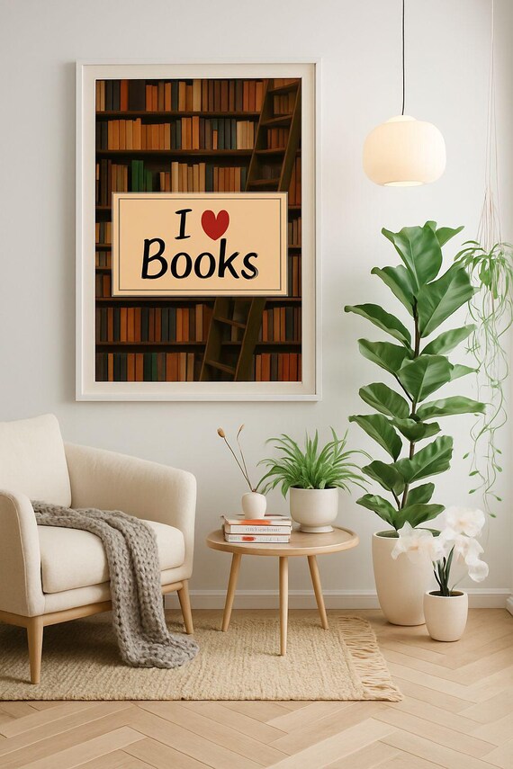 I Heart Books Cozy Library Bookshelf Ladder Reading Nook Poster