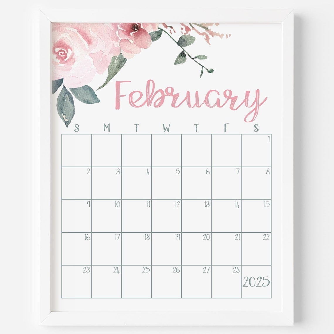 February 2025 Calendar Pink Rose Floral Monthly Planner Wall Print