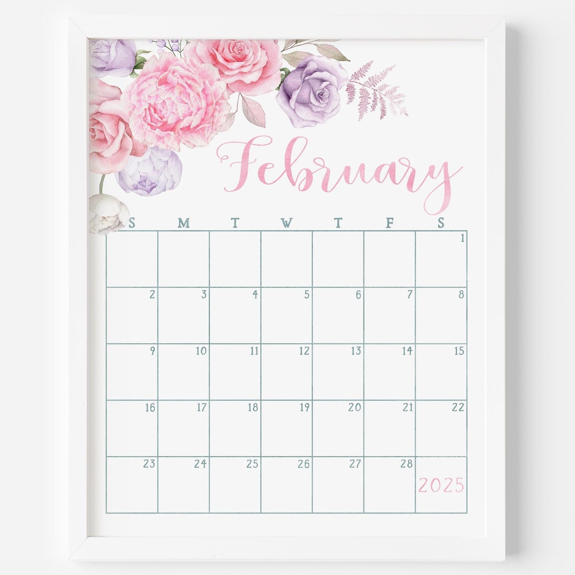 February 2025 Calendar Pink Purple Rose Floral Monthly Planner Art