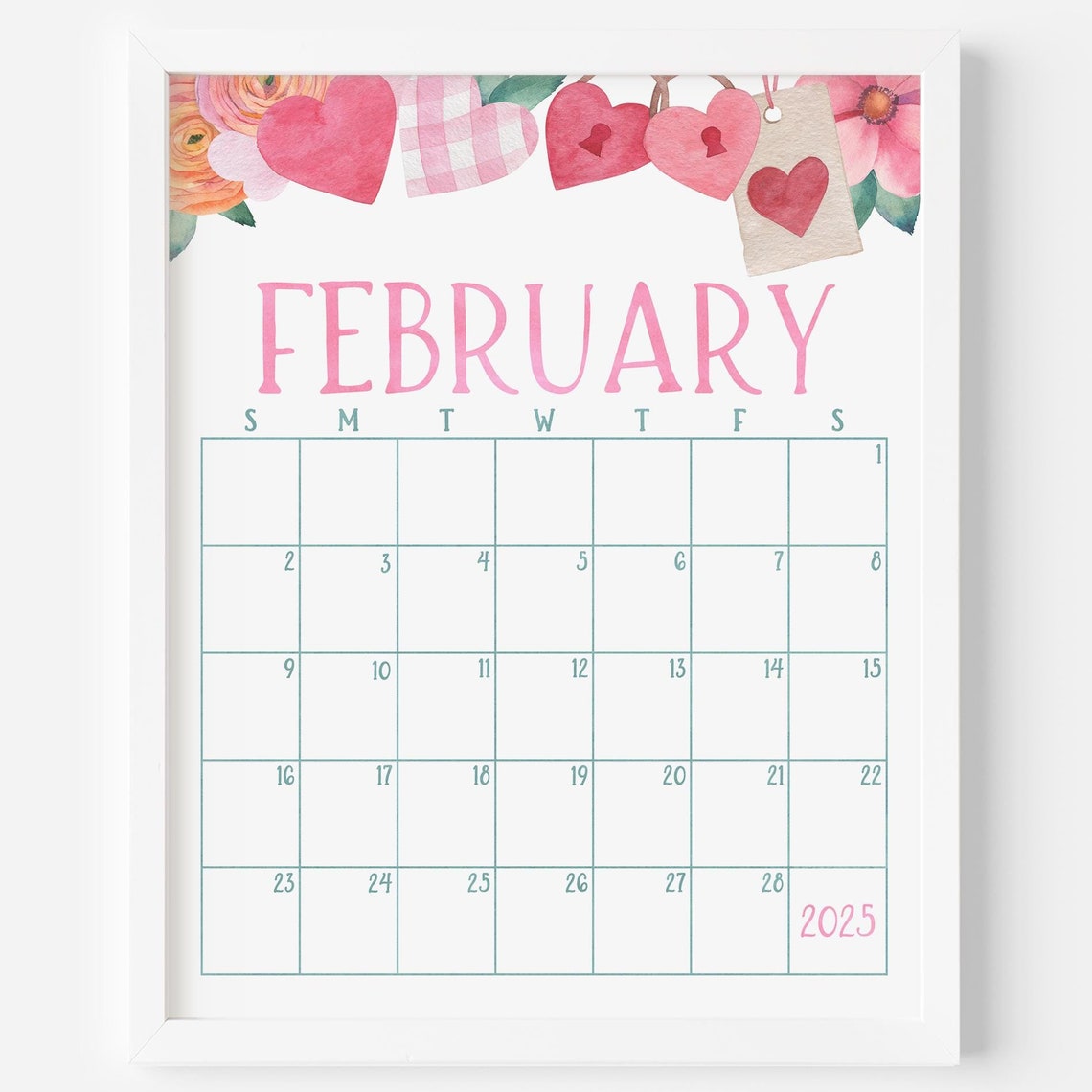 February 2025 Calendar Hearts Garland Valentine Monthly Planner Art