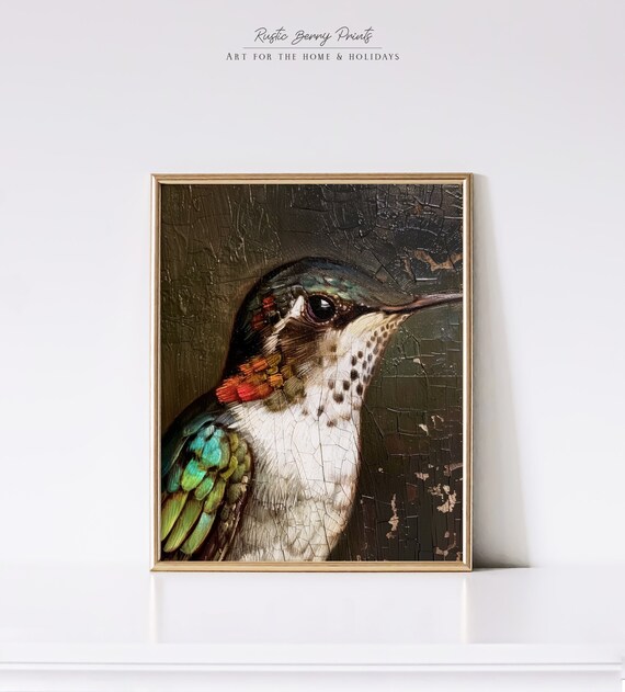 Hummingbird Oil Painting Art Print Wall Art Vintage Moody Art Dark Academia Antique Print Moody Cottagecore