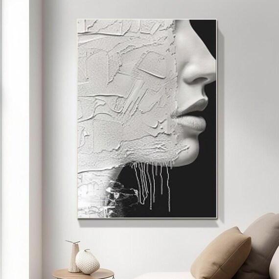White Woman Profile Black Background Cracked Texture Art Poster