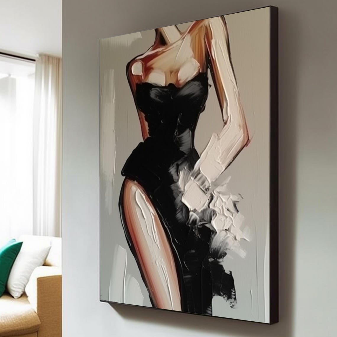 Elegant Woman in Black Gown High Slit Abstract Painting Art Poster - Image 4