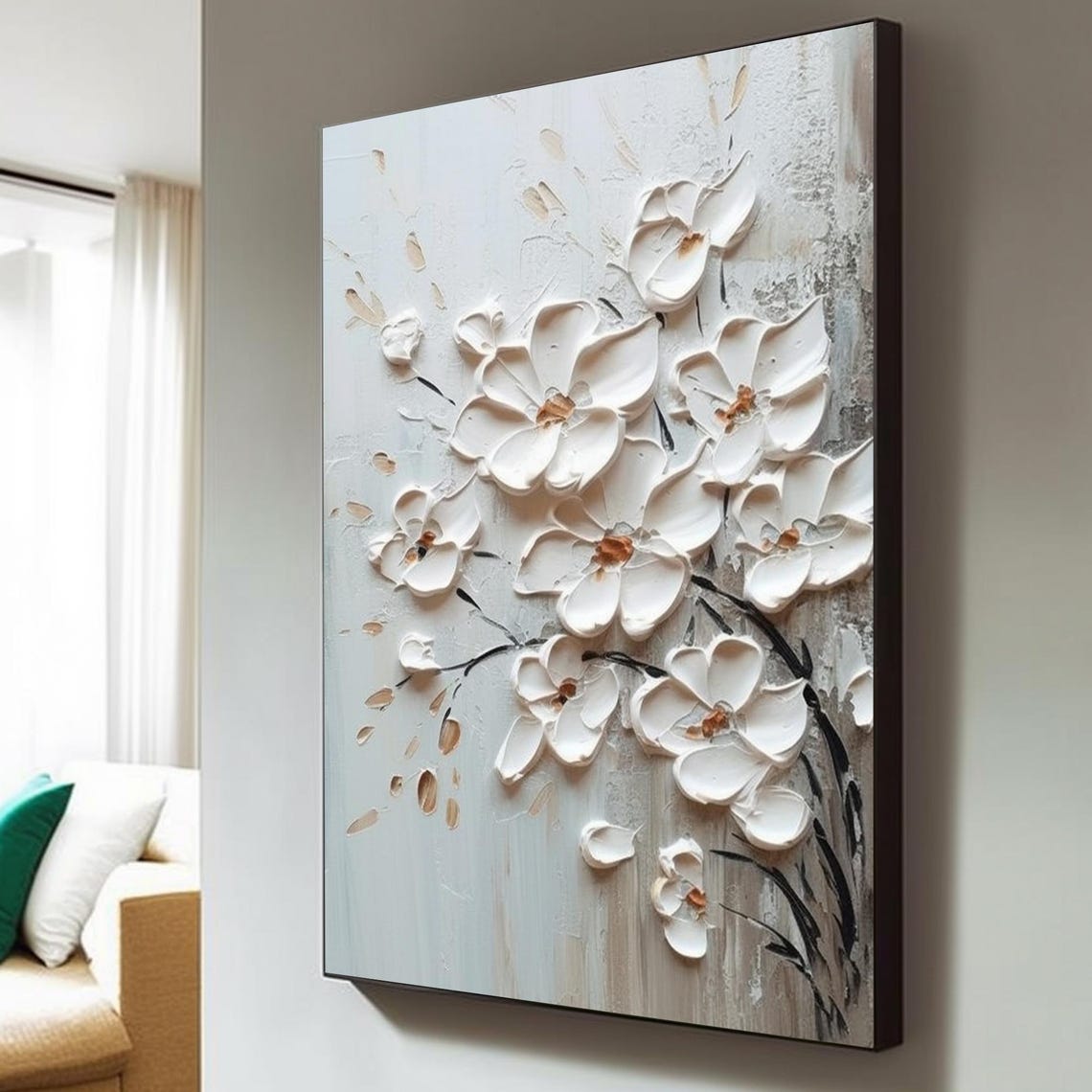 White Blossom Branch Dark Stems Pale Blue Floral Painting Art Poster - Image 5