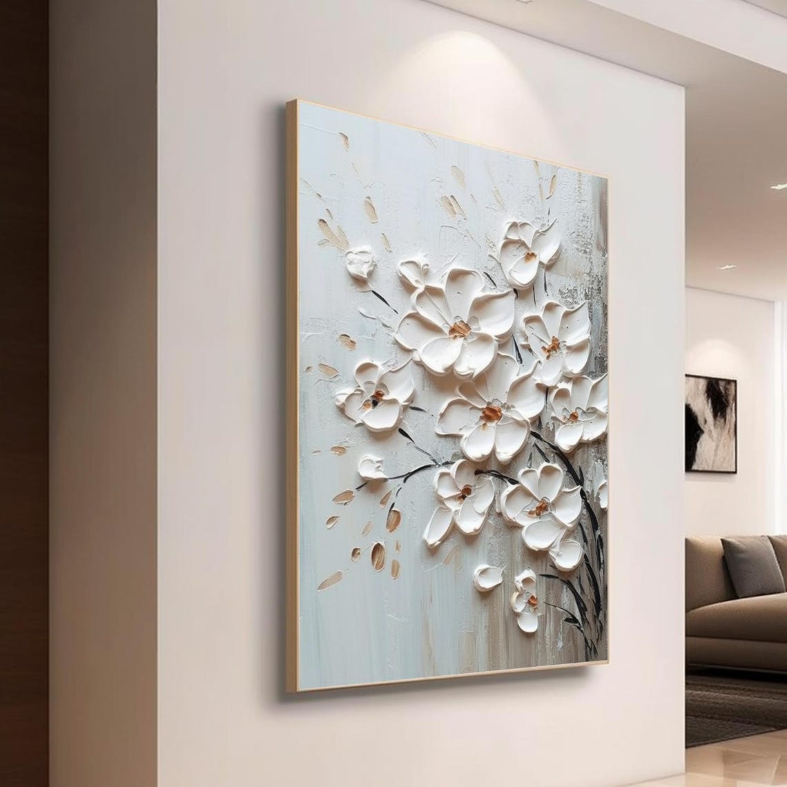 White Blossom Branch Dark Stems Pale Blue Floral Painting Art Poster - Image 4