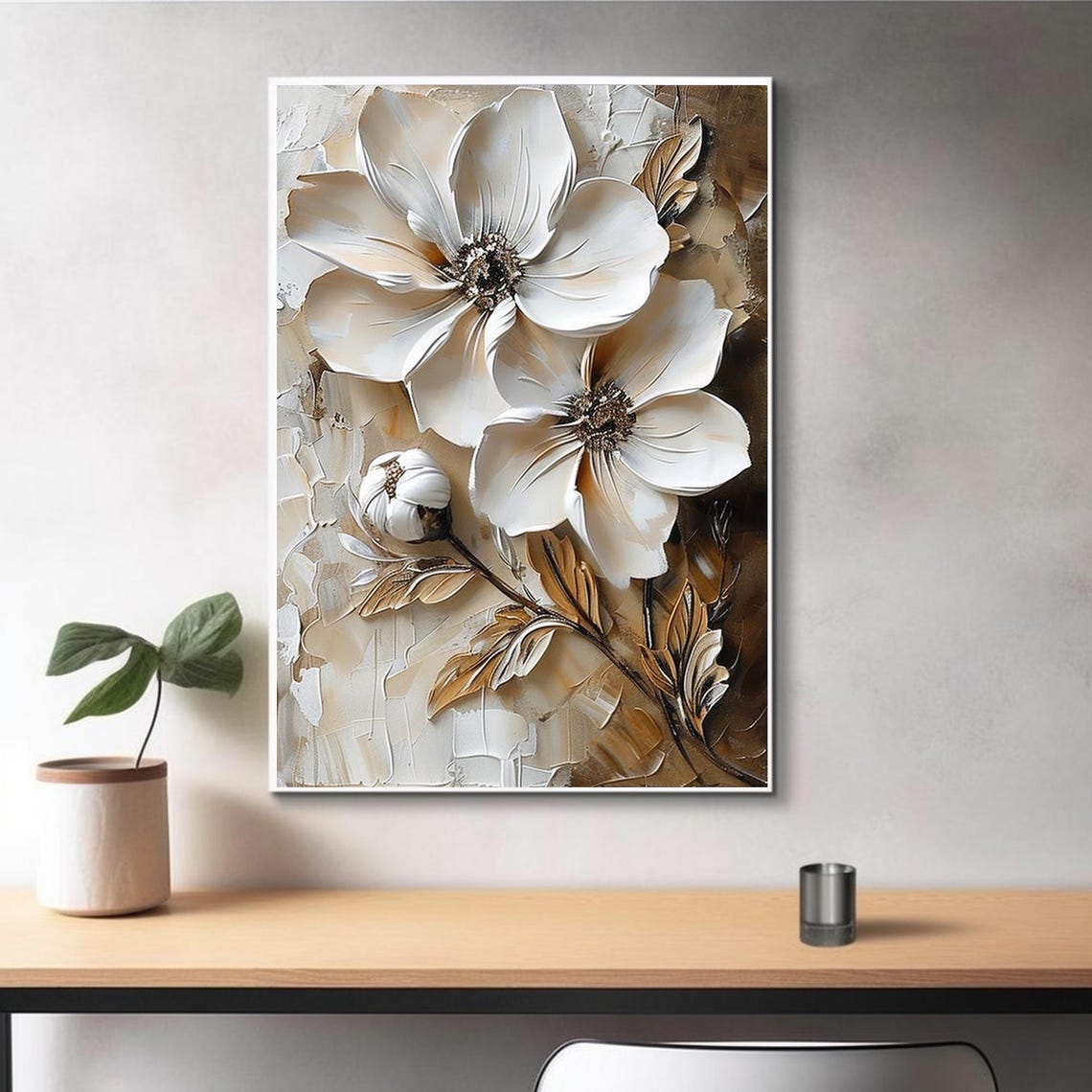Twin White Blooms Bronze Leaves Cream Textured Floral Art Poster - Image 4