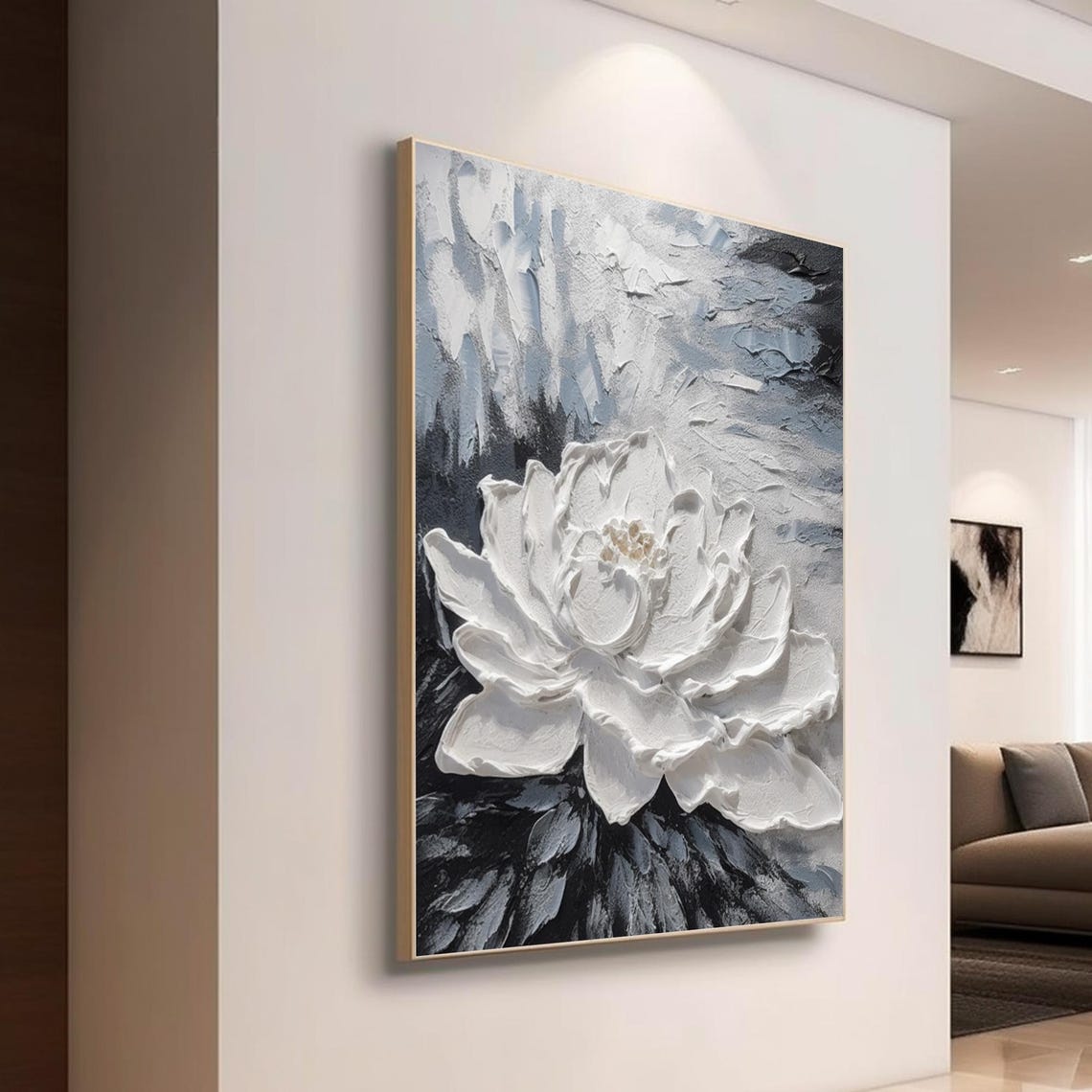 White Impasto Flower Bloom on Stormy Blue Black Textured Art Poster - Image 4