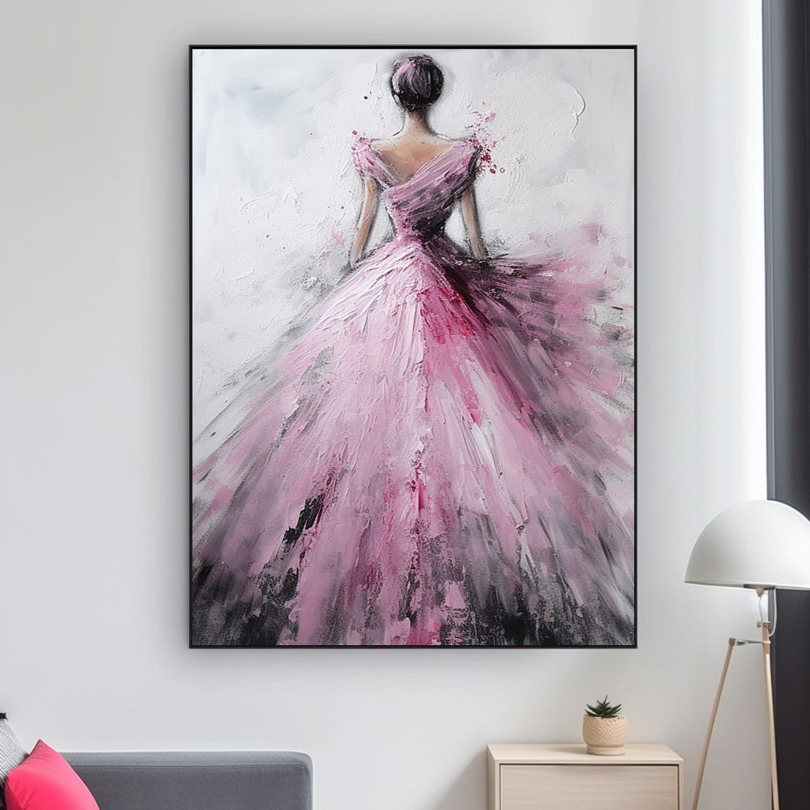 Woman From Behind Pink Ball Gown Dramatic Textured Art Poster