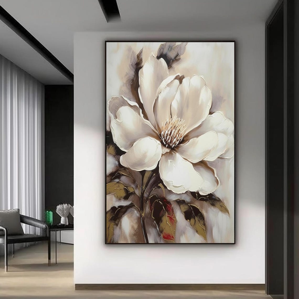 Cream Magnolia Bloom Golden Foliage Warm Neutral Floral Art Poster
