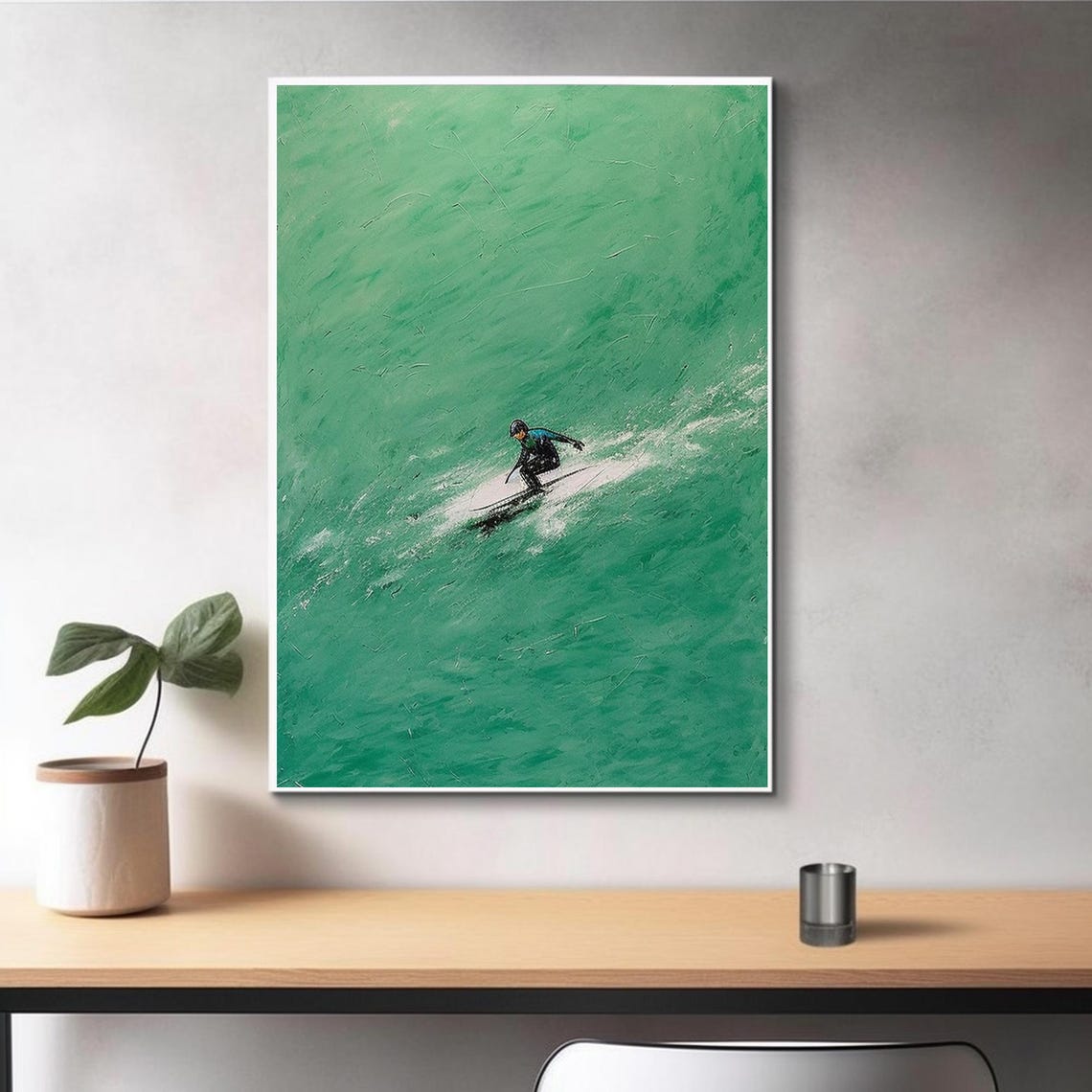 Surfer Riding Emerald Green Wave Minimalist Ocean Painting Art Poster - Image 3