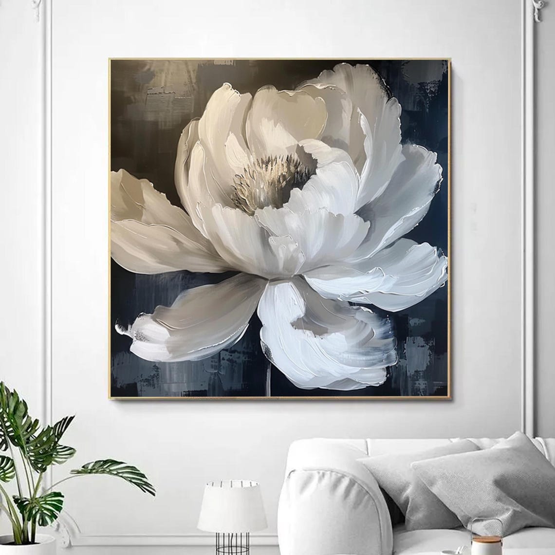 White Bloom Dark Blue Black Gold Framed Botanical Art Poster