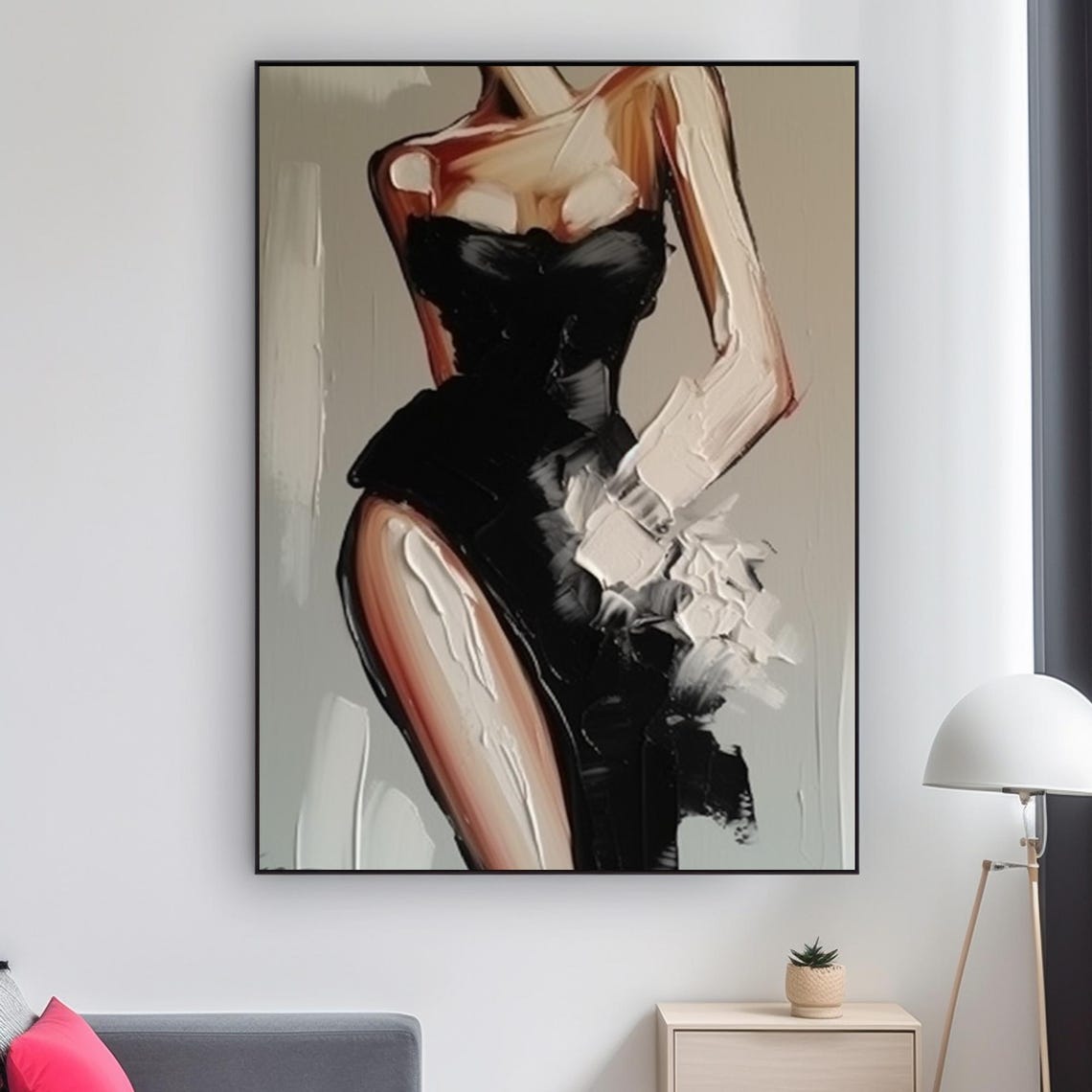 Elegant Woman in Black Gown High Slit Abstract Painting Art Poster - Image 2