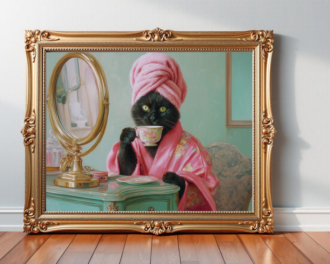 Black Cat In Pink Robe Drinking Tea Funny Bathroom Vanity Poster