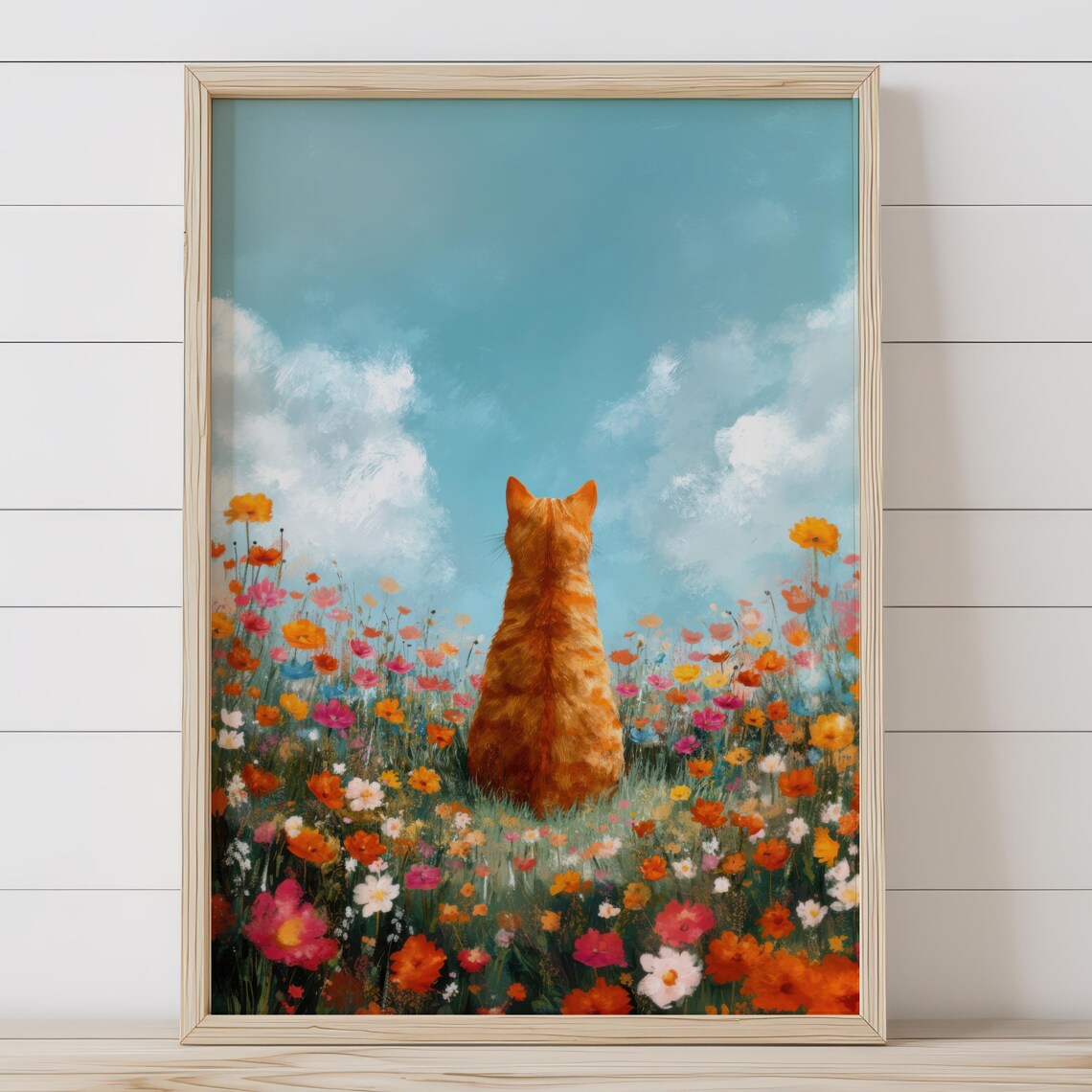 Watercolor Orange Tabby Cat, Flower Field Art Print
