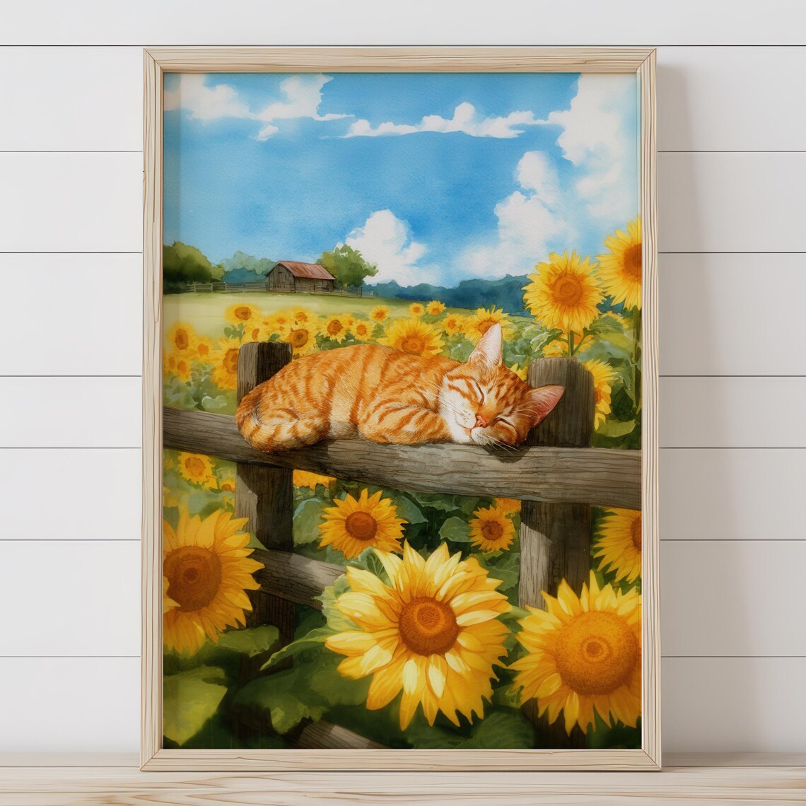 Watercolor Tabby Cat Art Print, Sunflower Field