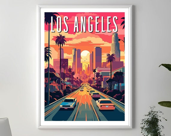 Los Angeles Travel Poster Wall Art Illustration La City Print Retro Style