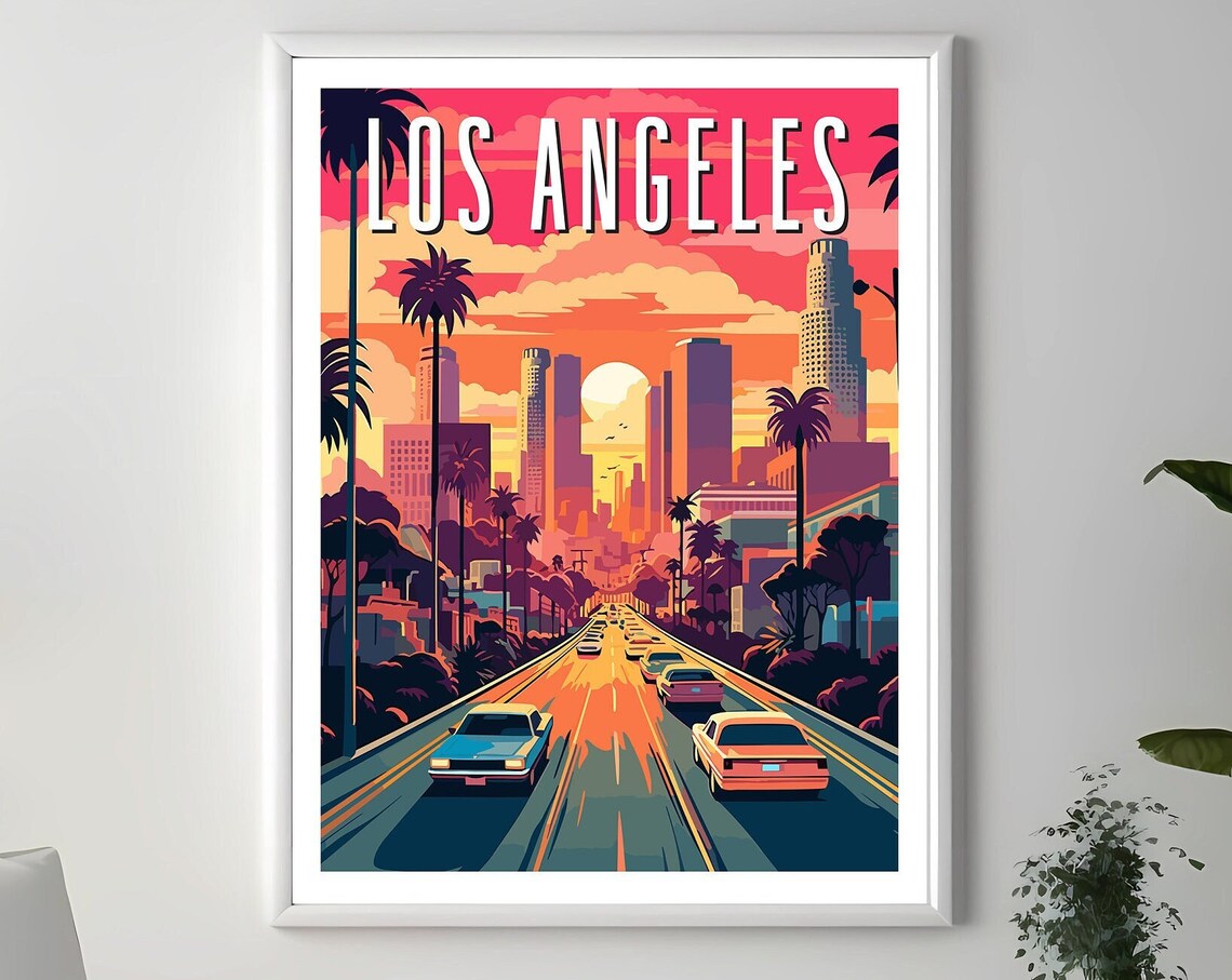 Los Angeles Sunset Skyline Palm Trees Retro City Travel Poster