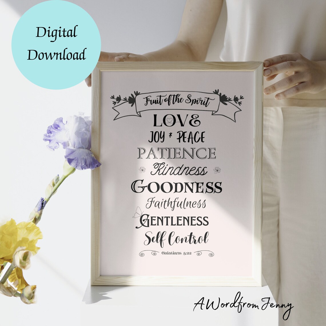 Fruit of the Spirit Love Joy Peace Galatians 5 22 Typography Poster
