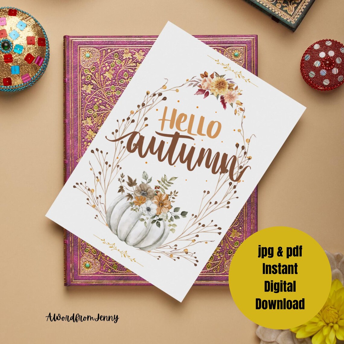 Hello Autumn White Pumpkin Watercolor Fall Floral Seasonal Wall Art - Image 2