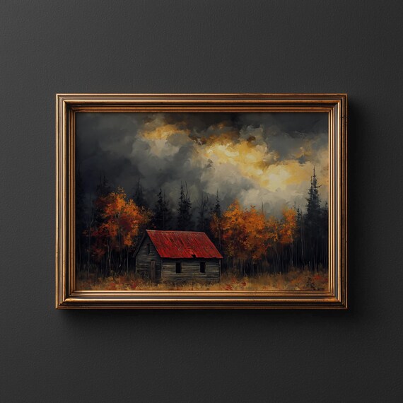 Autumn Cabin Retreat Art Rustic Fall Landscape Fiery Trees Red Tin Roof Cottage Wall Decor Moody Nature Scene Print 227