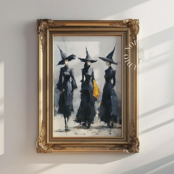 Vintage Witches Halloween Wall Art Rustic Oil Painting Spooky Home Decor Print 120