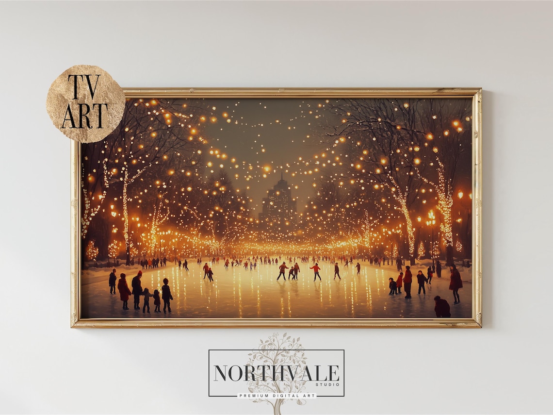 Winter Ice Skating, Rustic Holiday Scene Art Print
