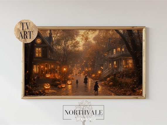 Halloween Moody Street Scene Tv Art Vintage Oil Painting Frame Decor Rustic Fall Wall 22