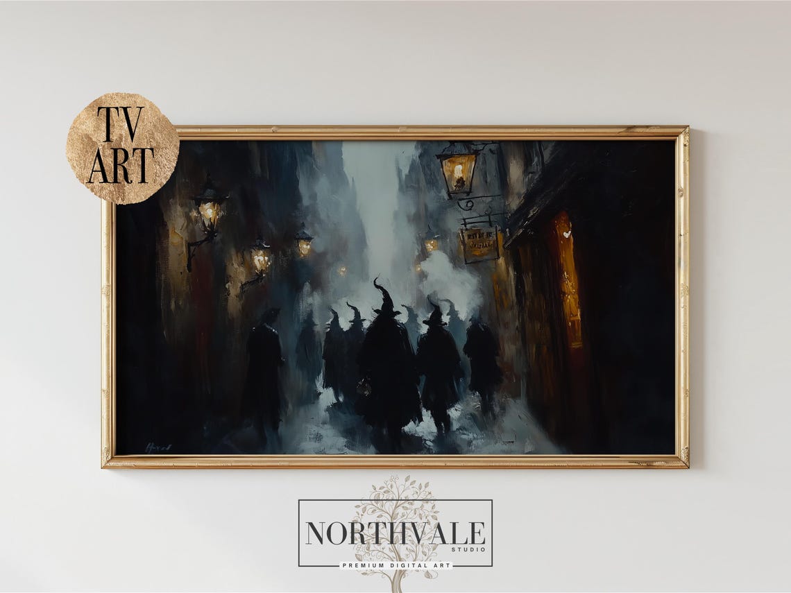Witches Halloween Night Foggy Street Lanterns Frame TV Poster