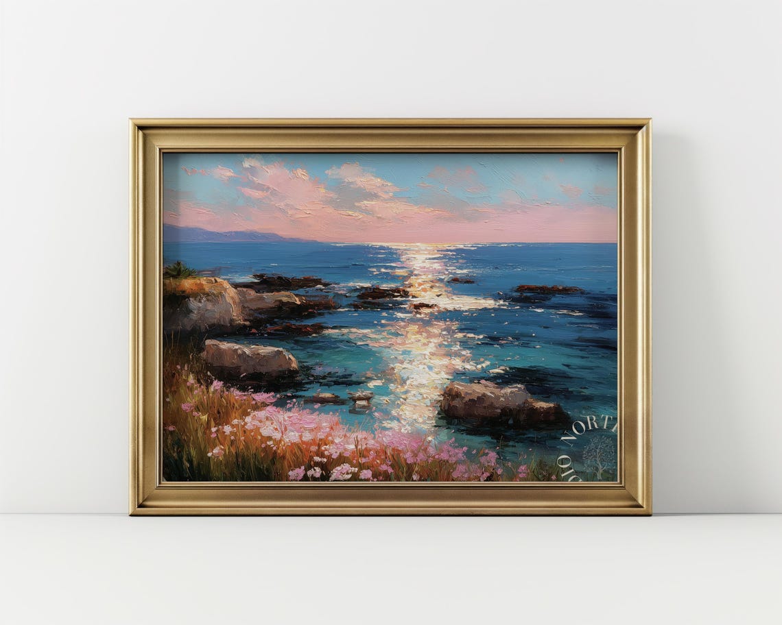 Coastal Sunset Pastel Pink Sky Rocky Shore Wildflowers Art Print