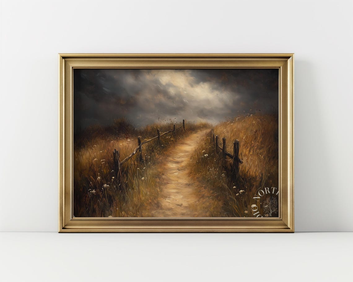 Dusky Country Lane through Golden Wheat Fields Oil Painting Poster