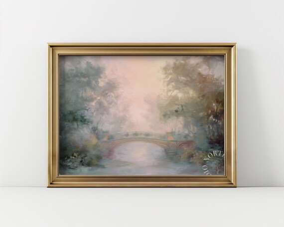 Pastel Watercolor Fairytale Stone Bridge Misty Forest Nursery Poster