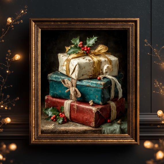 Festive Vintage Christmas Gifts Still Life Cosy Holiday Decor Wrapped With Gold Bows Classic Art Instant 158