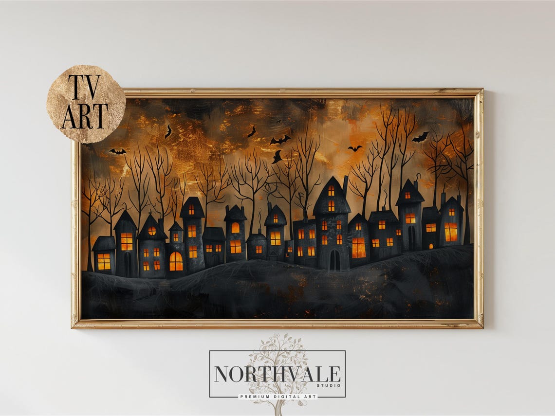 Spooky Halloween Town Orange Night Sky Bats Crooked Houses Poster