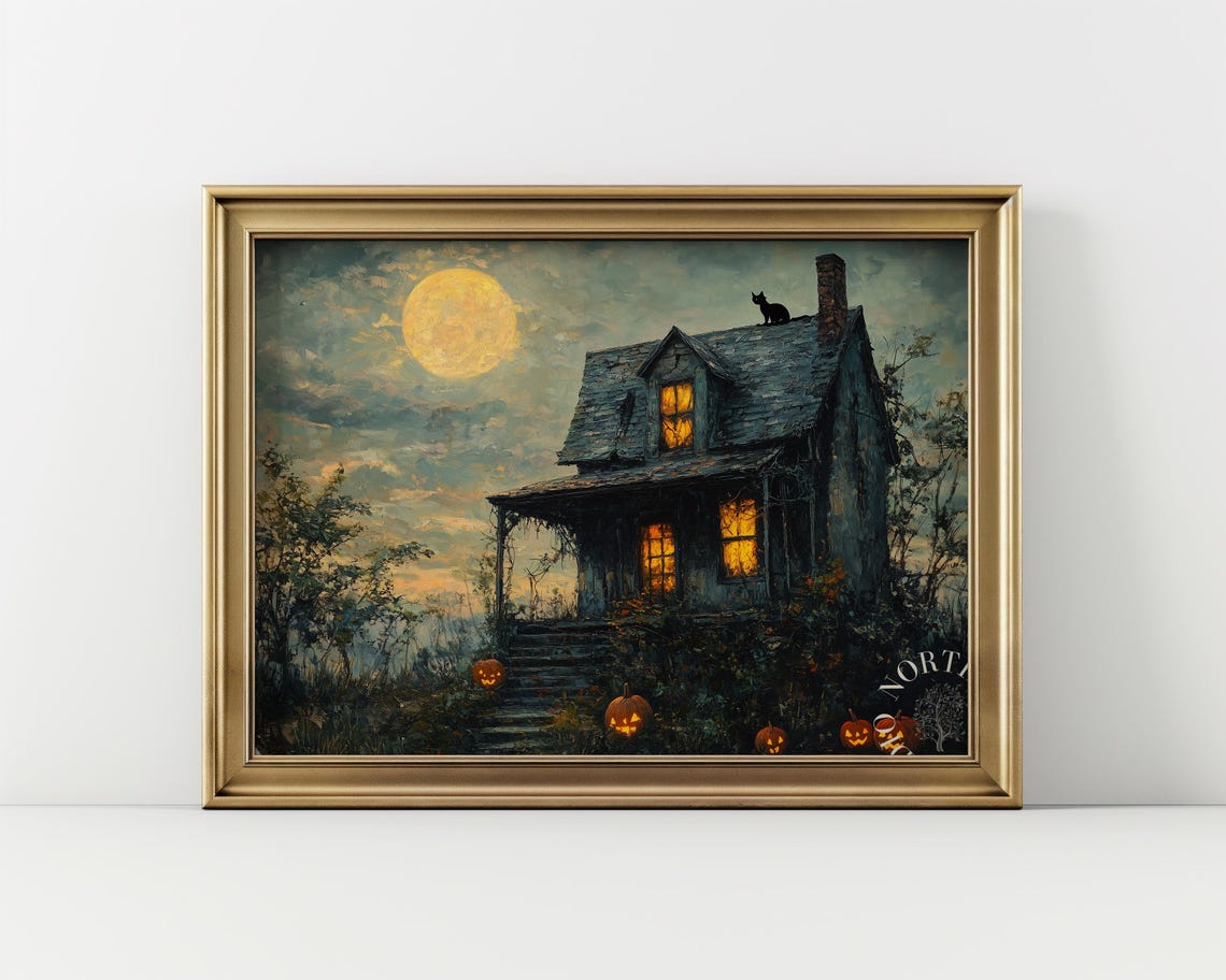 Vintage Haunted House Full Moon Jack-O-Lanterns Spooky Print