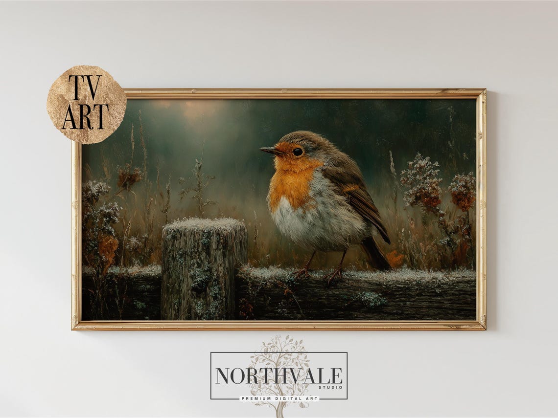 Winter Robin On Frosted Fence Moody Songbird Painting Art Print