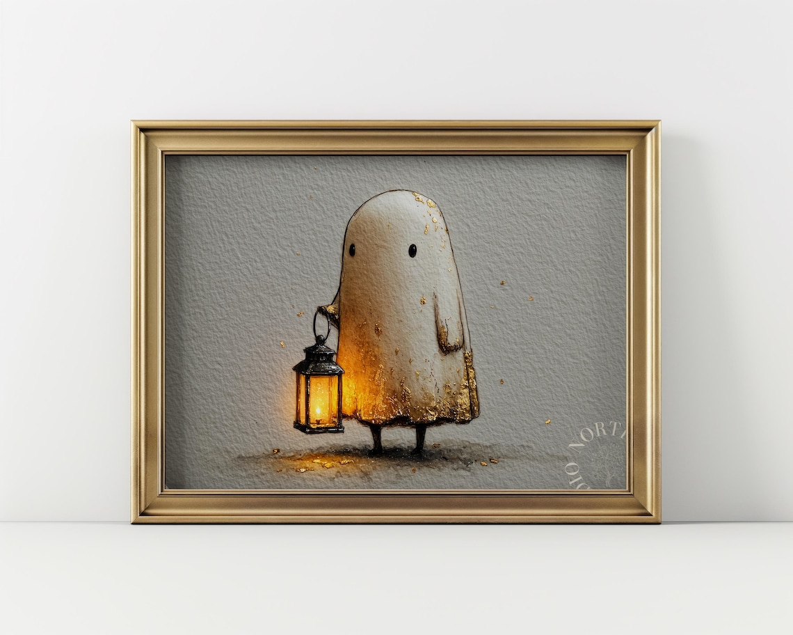Cute Ghost Holding Lantern Golden Vintage Halloween Wall Art Spooky Decor