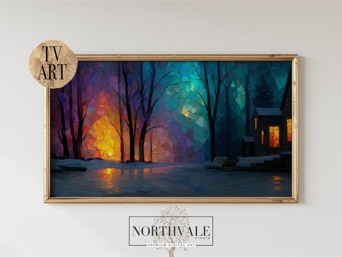 Winter Sunset Art Print, Stained Glass Effect Landscape