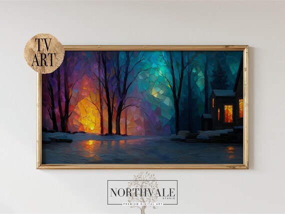 Winter Sunset Art Print, Stained Glass Effect Landscape