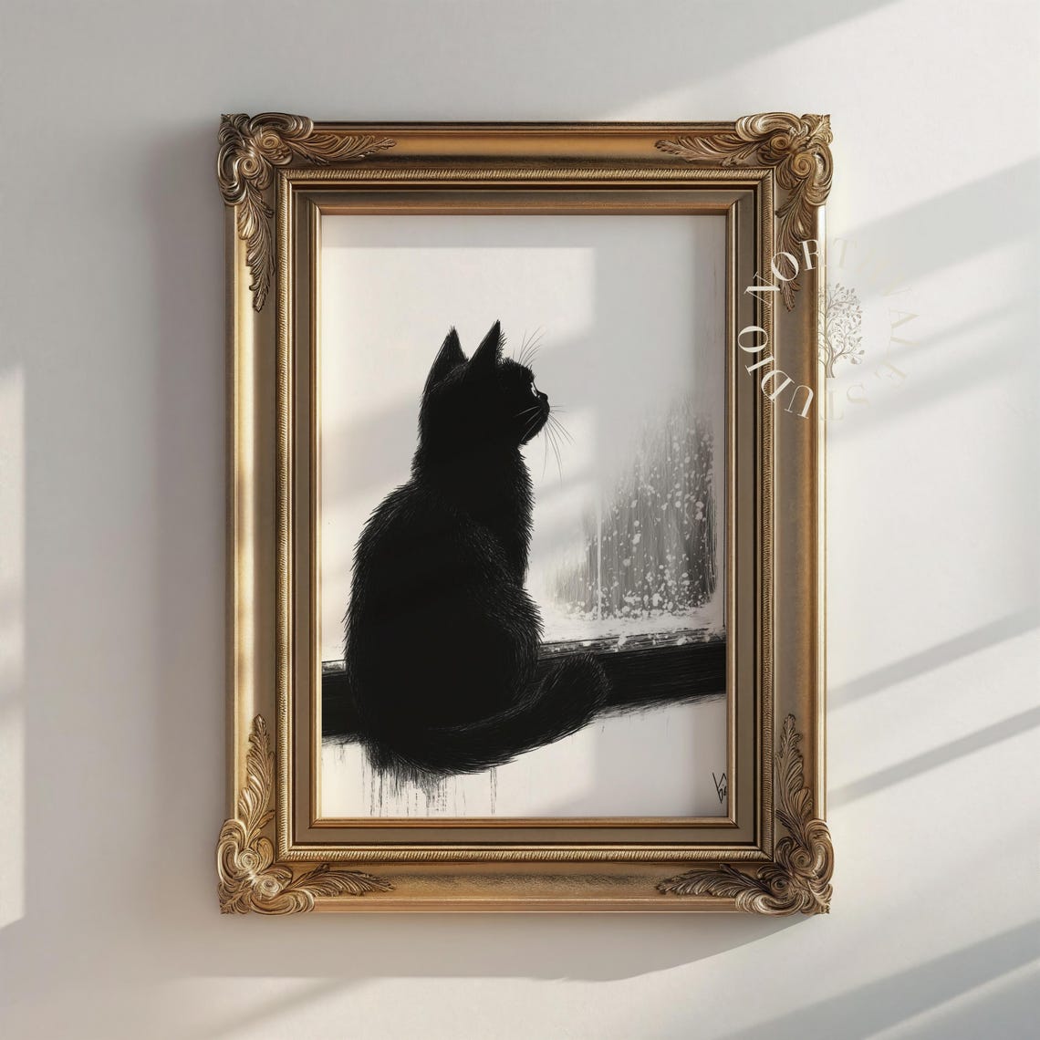 Black Cat Silhouette Window Ink Drawing Elegant Feline Poster