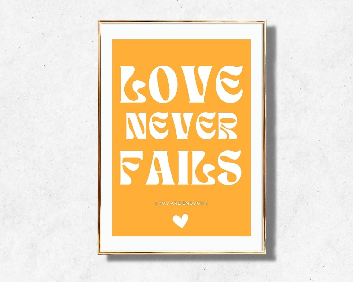 Love Never Fails Golden Yellow White Retro Typography Quote Poster - Image 4
