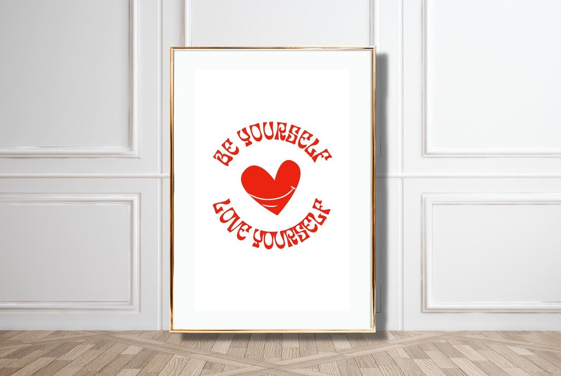 Be Yourself Love Yourself Red Retro Heart Minimalist Affirmation Poster